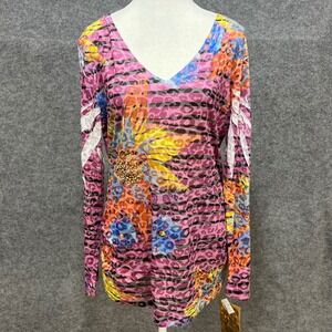 Pretty Rebellious Women's V-Neck Long Sleeve Graphic Print‎ Tunic Top XL